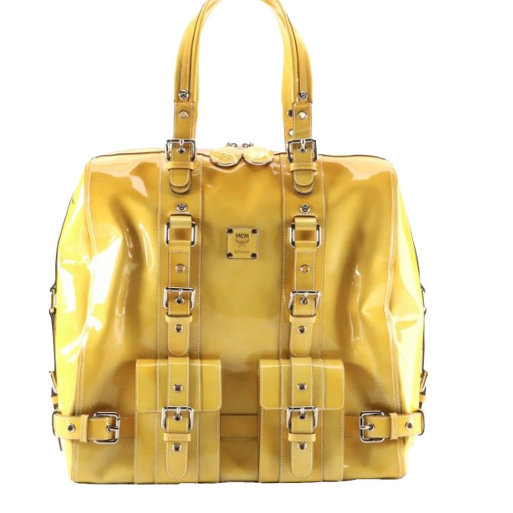 MCM Buckle Strap Large Yellow Patent Leather Tote